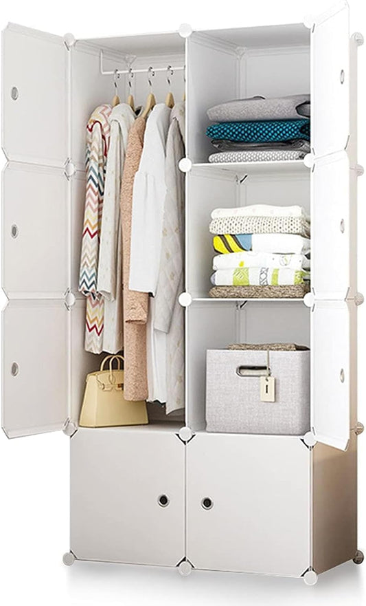 Cestbella Wardrobe Cabinet Cube Wardrobe Plastic Cupboard for Clothes Portable 8 Storage Cube Organizer DIY 0.45mm Thick Cabinet with 1 Hanging Rod & Doors for Bedroom White