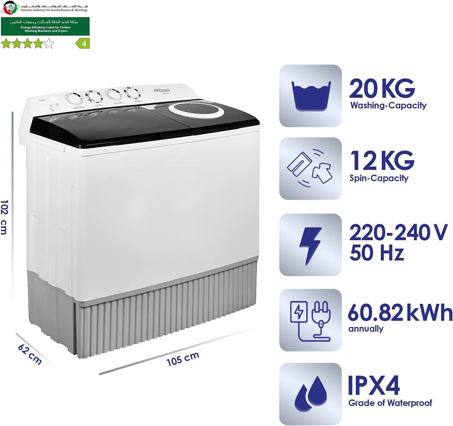 Super General 20 kg Twin-tub Semi-Automatic Washing Machine, White/Black, efficient Top-Load Washer with Lint Filter, Spin-Dry, SGW-2056, 102 x 62 x 105 cm, 1 Year Warranty