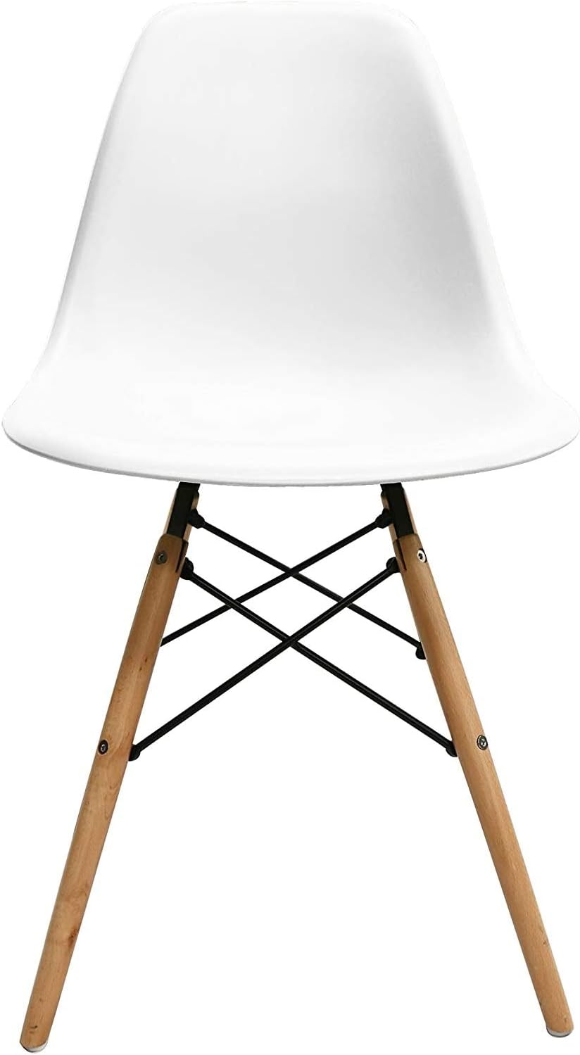 Mahmayi Eames Style Chair with Walnut Wood Legs Eiffel Dining Room Chair - Lounge Chair Without Arms Chair Seat Wooden Wood Dowel Leg Eiffel Legged Base Molded Plastic Seat Dining Chair - White