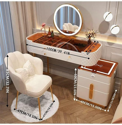 Makeup Vanity Table Dressing Table Flip Mirror With Drawers And Chair With BT Speaker,wireless charger and USB port