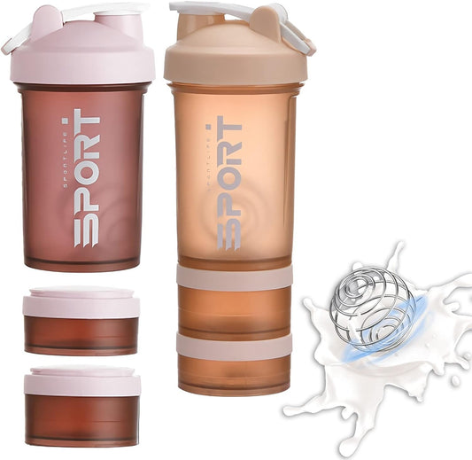 EYSOO Protein Shaker Bottle 2 Pack 500ml / 17oz Shaker Bottle for Protein Mixes Leak-proof BPA Free 3-Layer Protein Shaker with Supplement Pill Storage Container Gym Shaker Cup (Orange & Pink)