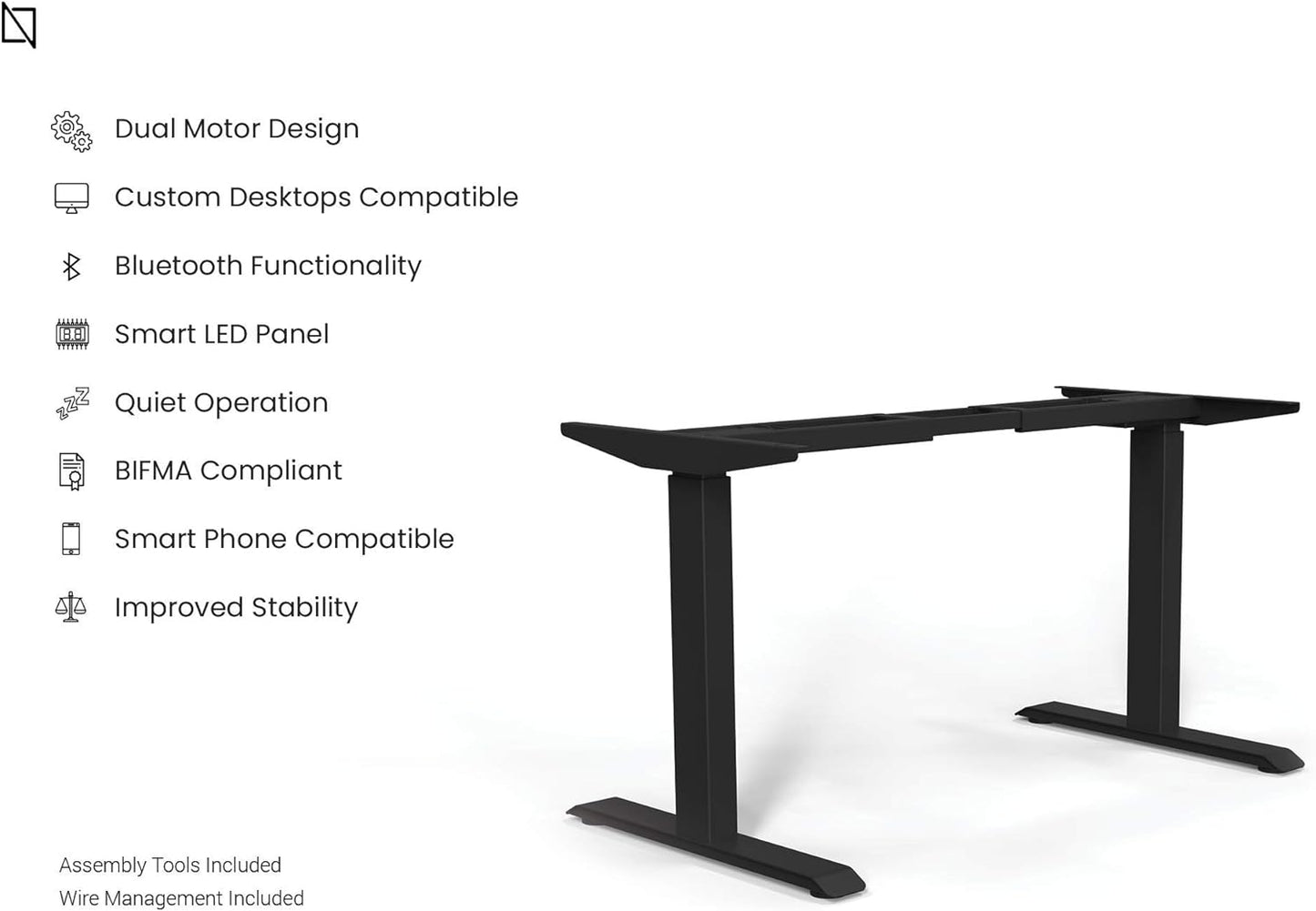 Navodesk Height Adjustable Computer Gaming Desk Workstation, Bluetooth Enabled Black Frame + Top (White, 47 x 30 inch)