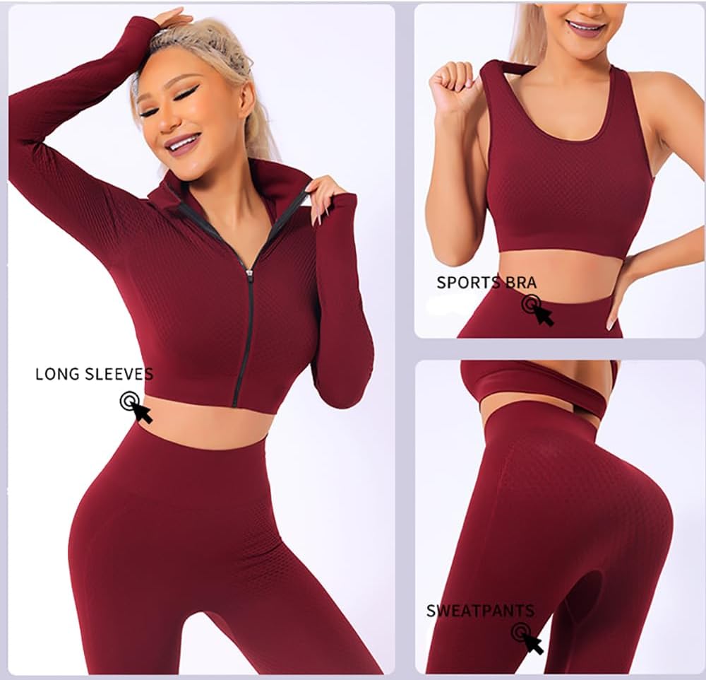 Veriliss 3pcs Gym Clothes for Women Tracksuit Womens Full Set Outfits Workout Joggers Yoga Sportswear Leggings and Stretch Sports Bra Jumpsuits Clothes Sets