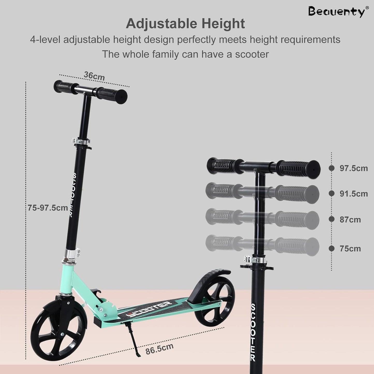 Beauenty Kick Scooter for Kids, Teens, Adult Riders Up to 150KG, 2-Wheel Scooter Foldable to Carry