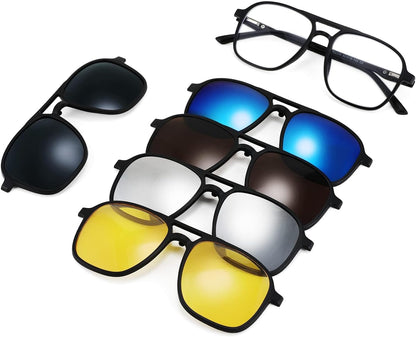 KASTWAVE Magnetic Clip on Sunglasses TR90 Square Glasses Frame TAC 5pcs Replacement Lens Set Sunglasses for Men Women Eyeglasses Fit Over Night Driving