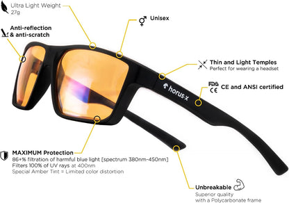 HORUS X • Blue Light Blocking Glasses - Gaming and Sunglasses - Anti-Fatigue & Eyestrain for Screens - Esport - Men and Women