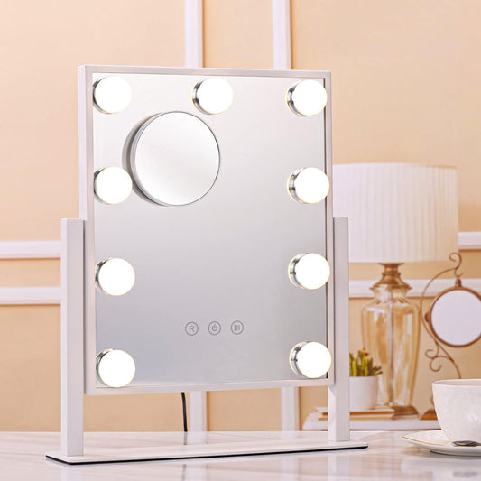 PULOMI Hollywood Vanity Mirror with Light,Tabletop Makeup Mirror with 9 LED Lights Smart Touch Control 3 Colors Light 360°Rotation,Detachable 10x Magnification Mirror