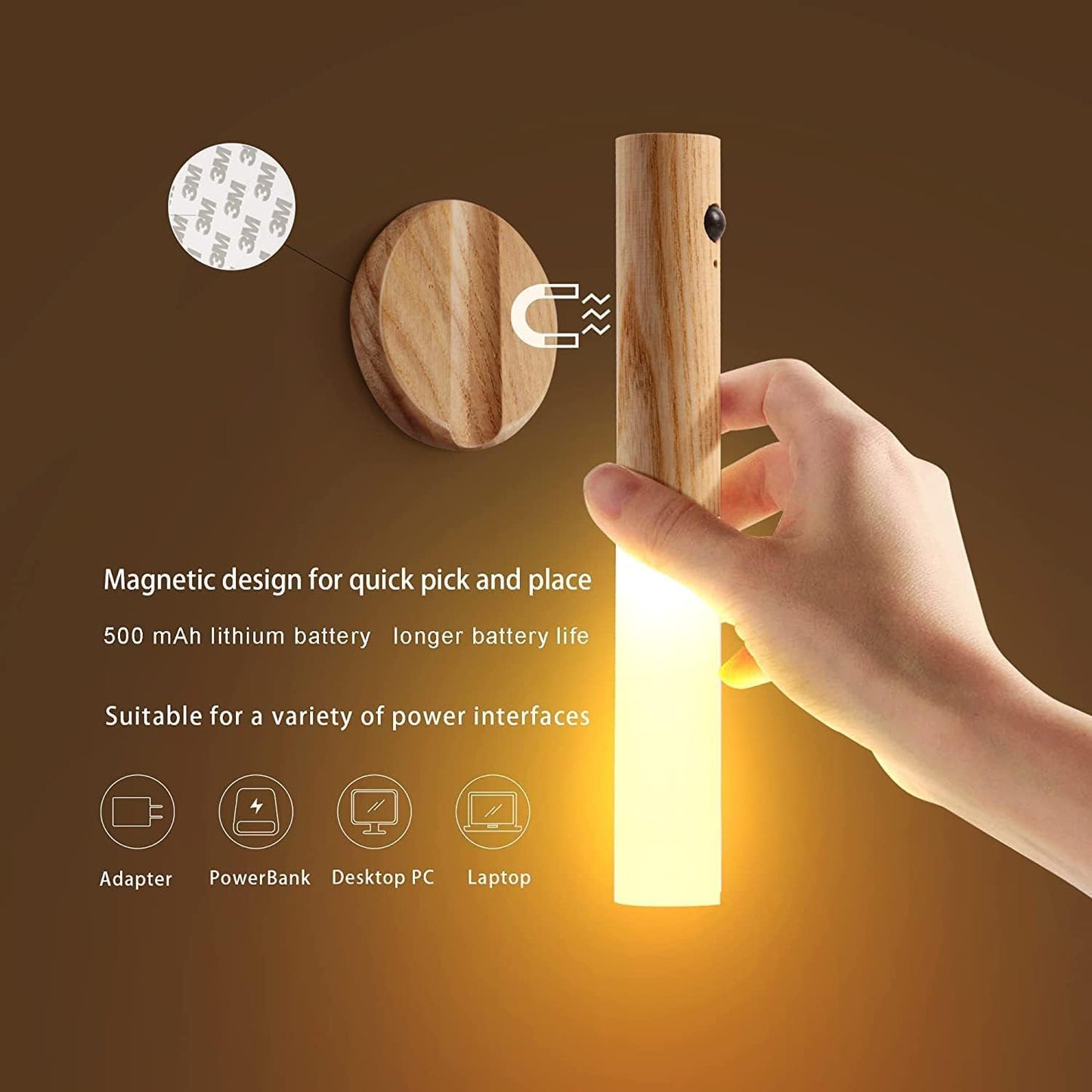 Lengenda Motion Sensor Night Light Smart LED Light Sensing Distance 4M Hand-held Portable Stick Anywhere for Bedroom Stairway Children Room (Walnut Wood)