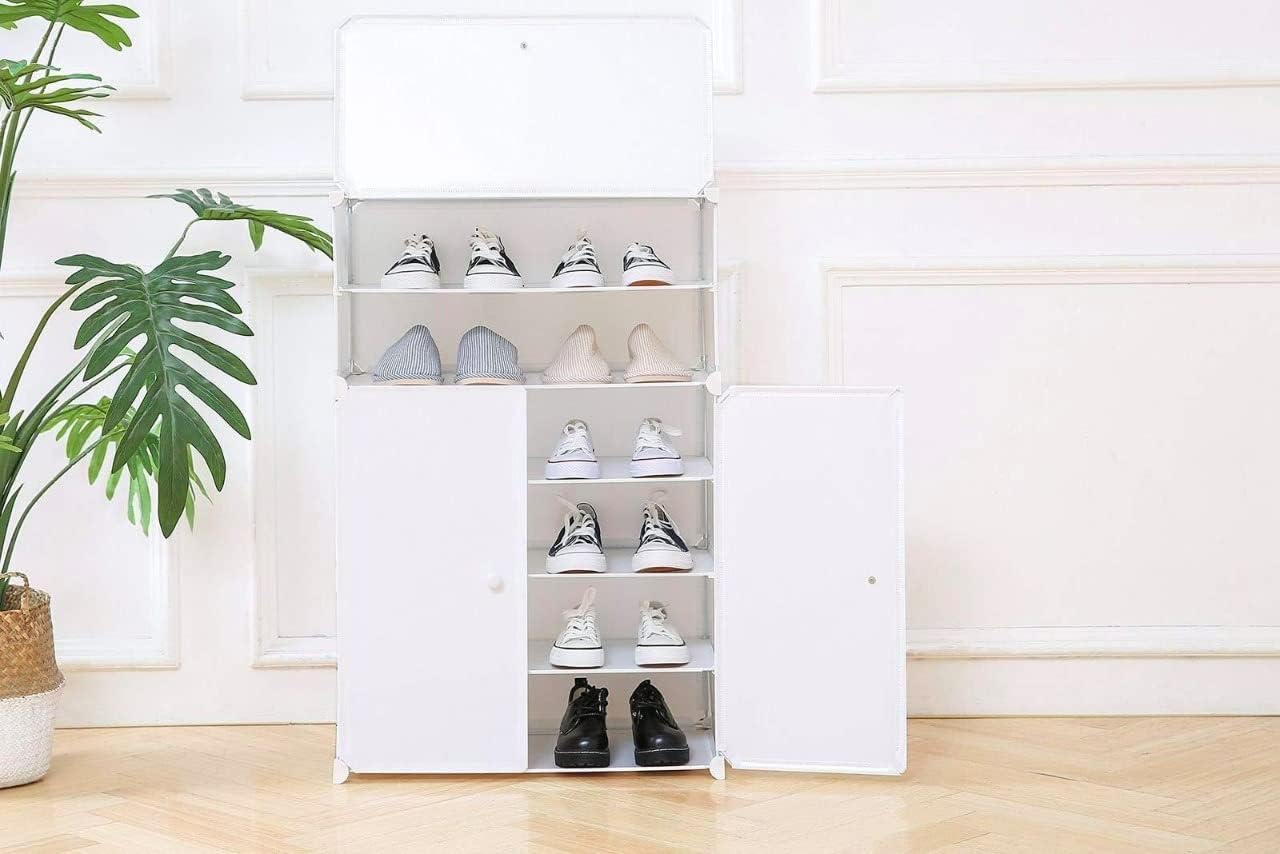 e world unbox happiness e World Portable Shoe Rack Organizer, 6-Tier Plastic Storage Tower Shelves for 21 pairs of shoes, for Hallway Bedroom Closet Entryway, White