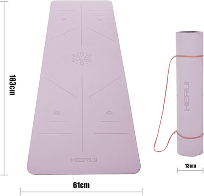 HERUI Yoga Mat Alignment Lines Anti-Slip Exercise Mat with Carrying Bag Fitness Mat for Pilates 183CM*61CM*6MM Thickness for Woman Man Beginners