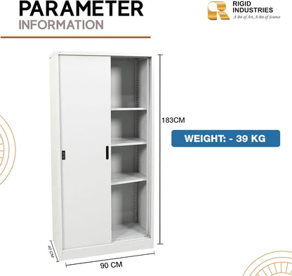 RIGID Steel Cupboard Sliding Door, Steel Filing Cupboard, Cabinet with Shelves Storage (White)