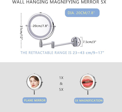 KERUIDEER Wall Hanging Magnifying Mirror 5X for Bathroom Extendable Punch Free Makeup Mirror with Glue(Dia.7.8")