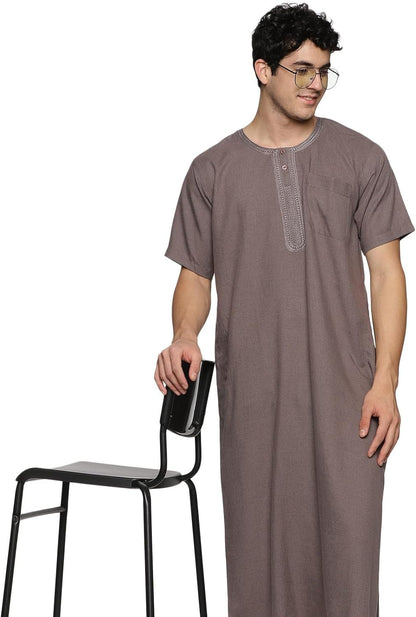 Men's Round Neck Short Sleeves Jalabiya | Breathable Kaftan Style Thobe for Comfort & Elegance