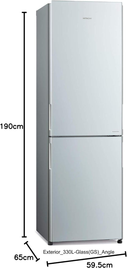 Hitachi 410L Gross Bottom Mount Double Door Refrigerator, 2 Doors No Frost Fridge Freezer, Inverter Control With Dual Fan Cooling, Eco Thermo-Sensor, Bottle & Wine Shelf, Glass Black, RBG410PUK6GBK