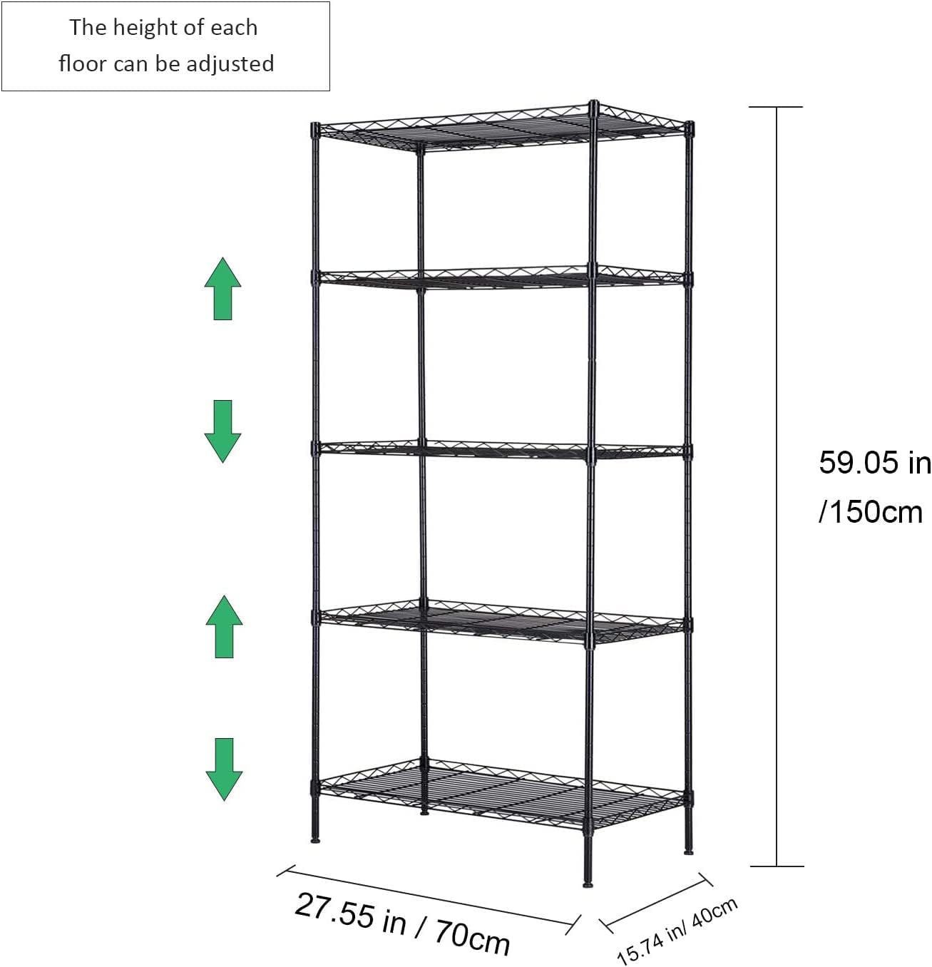 Standing Shelf Units,Solerconm 5 -Tier Shelf Carbon Steel Shelving Unit Adjustable Heavy Duty Wire Shelf Metal Height Shelves Unit Metal Storage Rack Durable Organizer (70X40X150CM, Black)