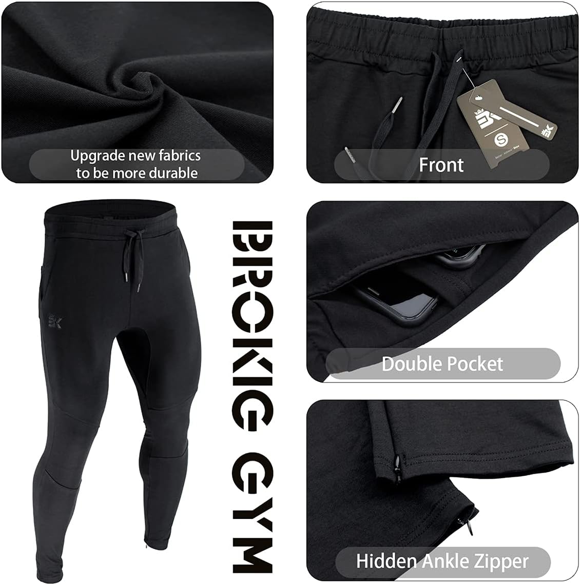 BROKIG Men's Athletic Running Sport Pants, Casual Gym Pants with Zipper Pockets