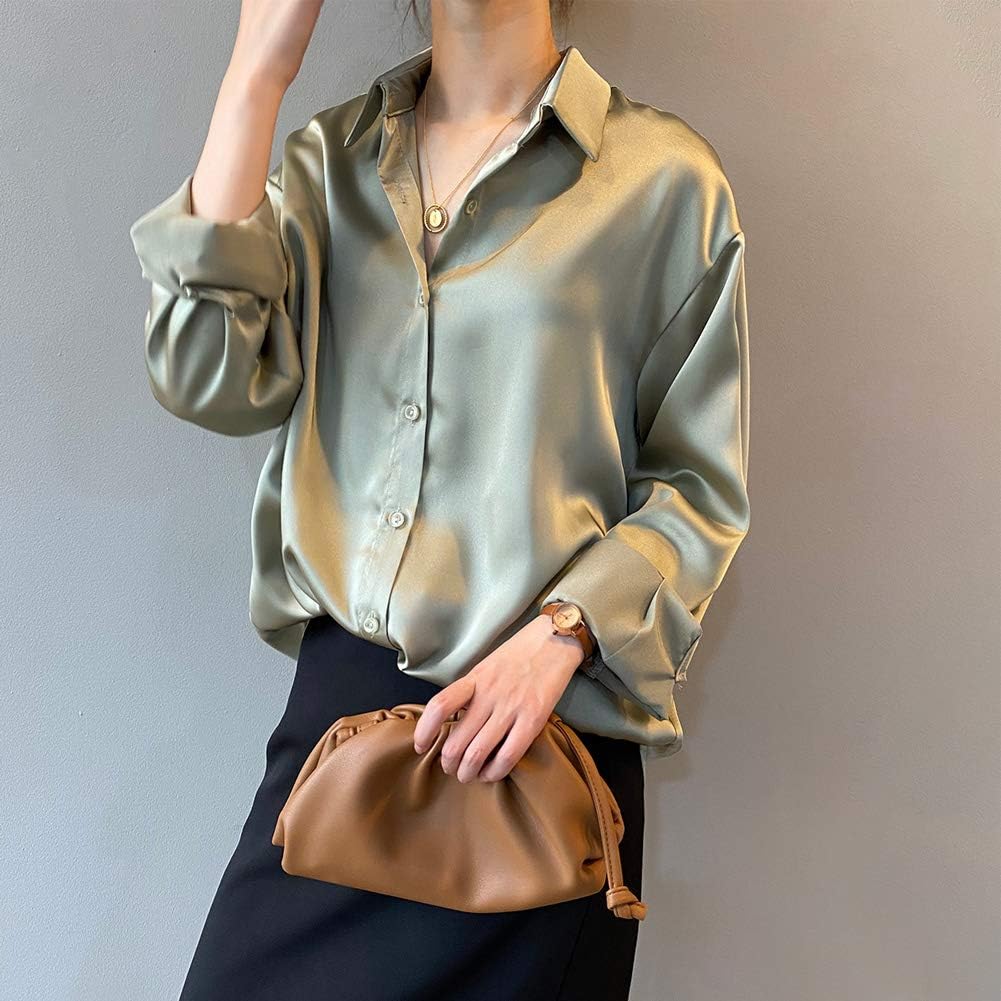 Pantete Womens Satin Silk Button Down Shirt Long Sleeve Casual Office Blouse Top Breathable & Silky