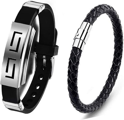 Yellow Chimes Black Silver Brown Leather Base Metal Wristband Adjustable Stylish Strand Bracelets for Men and Boys (3 Pieces Combo)