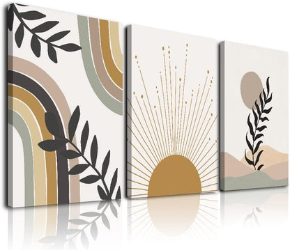 KBKBART Sage Green Boho Wall Art Set of 3, Minimalist Framed Geometric Line Leaf Sun Moon Beige Canvas Artwork Paintings, Abstract Botanical Room Decor, Posters & Prints