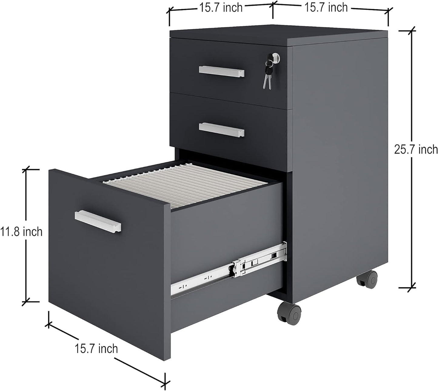 Lazio File Cabinet with Lock - Filing Cabinet for Home and Office - 3 Drawer File Cabinet with Wheels for A4 Sized Letters/Documents, Legal Sized Documents, Hanging File Folders (Cass Walnut/Black)