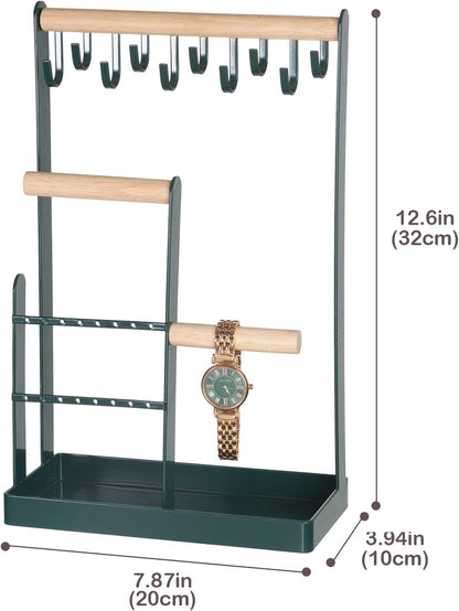 ProCase Jewelry Organizer Stand with Tray, Jewelry Display Metal Tree Holder Hanging Wooden Storage Stand for Necklace Bracelet Watch Earring Ring –White