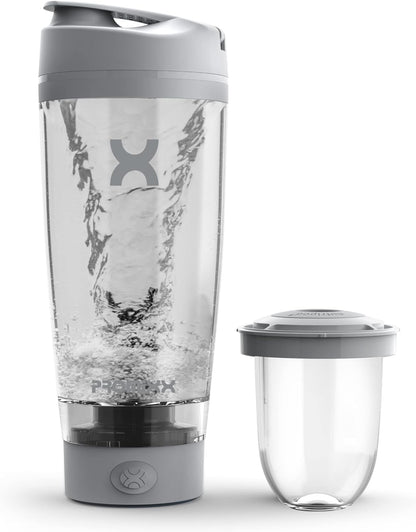 Promixx Pro Shaker Bottle (iX-R Edition) | Rechargeable, Powerful for Smooth Protein Shakes | includes Supplement Storage - BPA Free | 600ml Cup (Silver Blue/Gray)