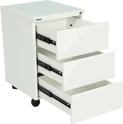 RIGID Steel Mobile Pedestal 3 Drawer Storage Unit Modern & Sleek Office Furniture (White)