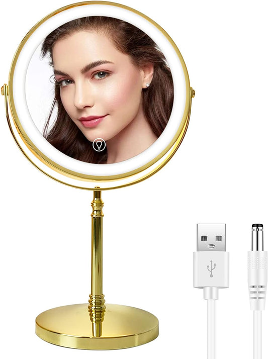8'' Countertop Vanity Mirror, Stand Makeup Mirror with 3 Light Modes and Adjustable Lights, 360 Swivel Double Sided Standard and 10 Magnification Mirror,Rechargeable