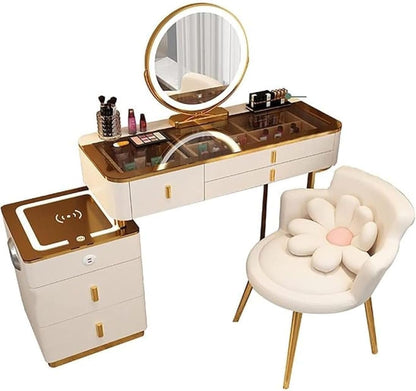 Makeup Vanity Table Dressing Table Flip Mirror With Drawers And Chair With BT Speaker,wireless charger and USB port