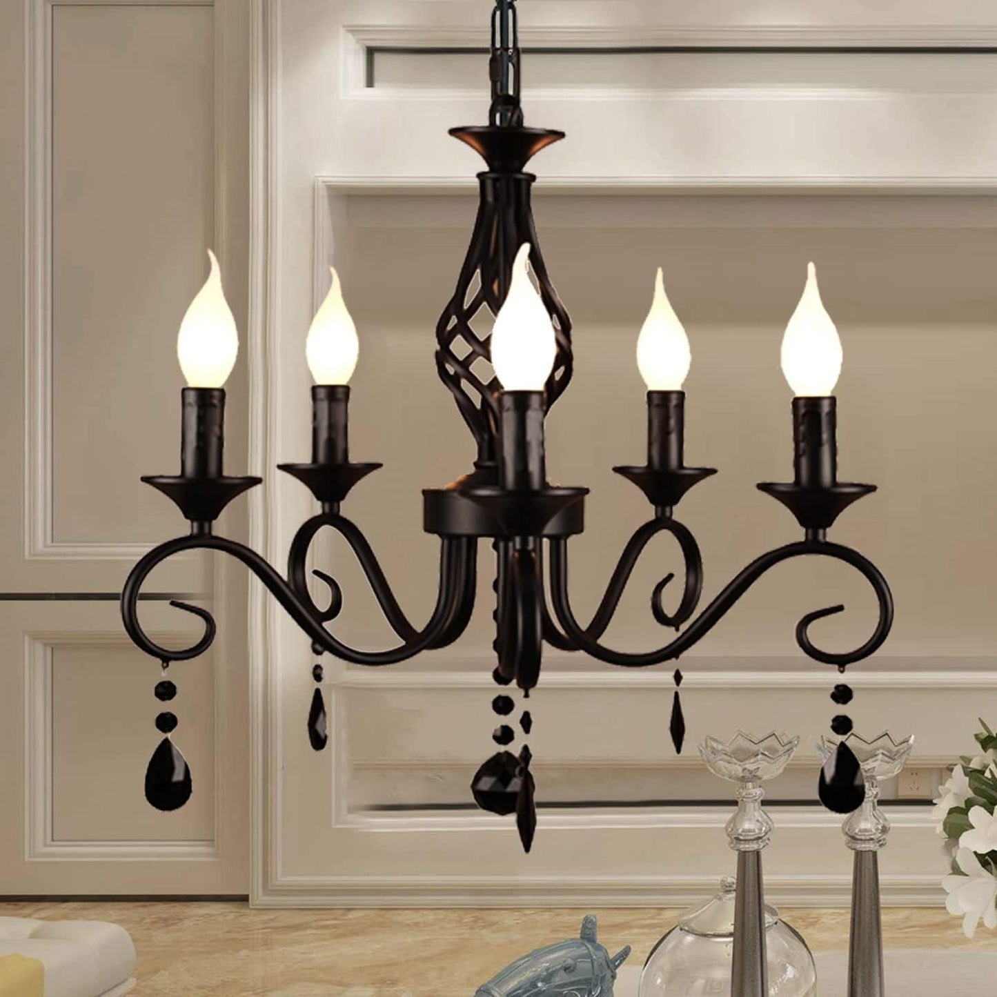 Ganeed Famhouse Chandelier 9-Light Black Classic Candle Pendant Light Fixture Hanging Light Vintage Ceiling Chandelier for Dining Room,Kitchen,Bedroom,Foyer,Living Room