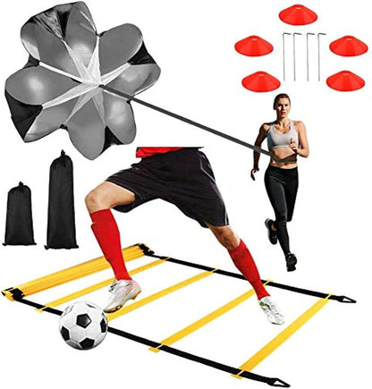 Speed & Agility Training Set, Includes 1 Resistance Parachute & 6m 12-Section Agility Speed Ladder, 4 Steel Stakes, 5 Disc Cones or Football Soccer Training Aid