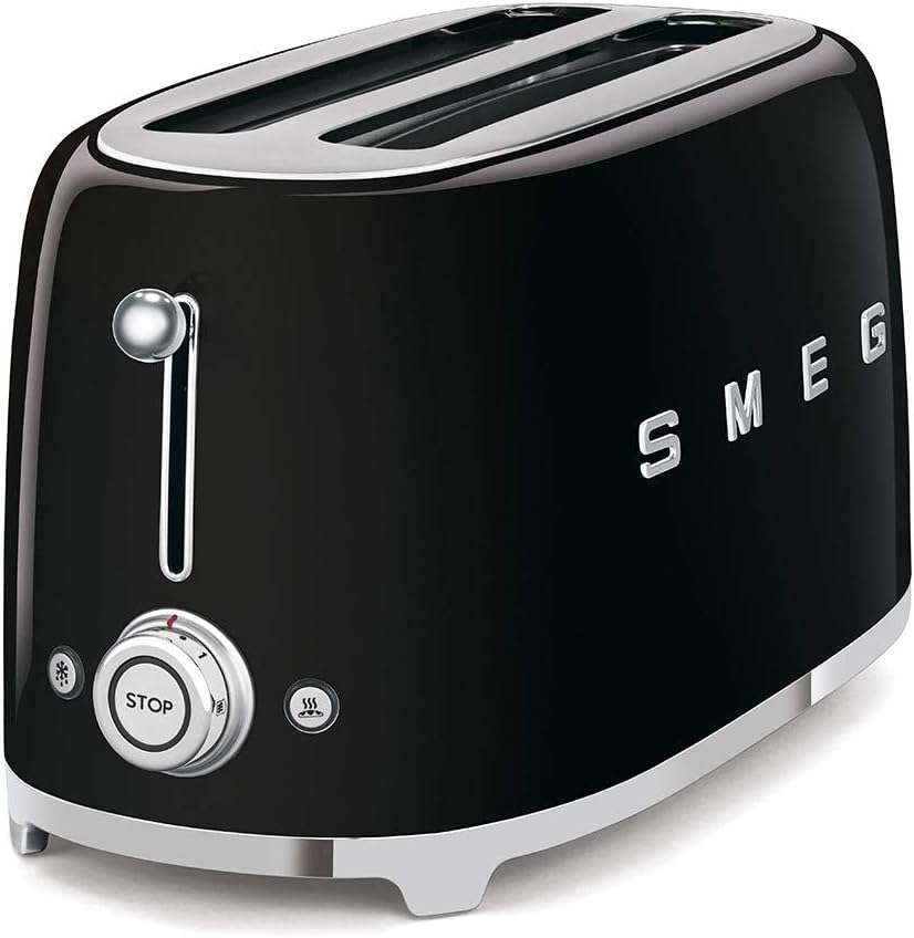 Smeg Tsf02BlUK, 50'S Retro Style 4 Slice Toaster,6 Browning Levels,2 Extra Wide Bread Slots, Defrost And Reheat Functions, Removable Crumb Tray, Black, 1 Year Warranty