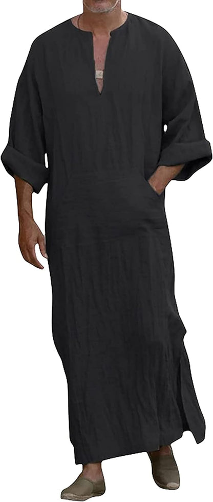 THE WHITE SHOP Men's V-Neck Linen Robe Short Sleeve Kaftan Thobe Long Gown Casual Shirt for Beach