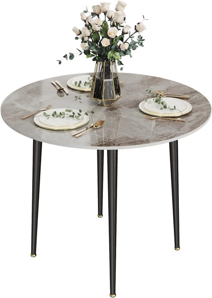 Kitchen Dining Table Round 80CM: Modern Sintered Stone Marble Effect Table Top with Tapered Metal Legs Breakfast Banquet Table for Dining Room, Restaurant, Living Room Furniture, 76cm Height, Grey