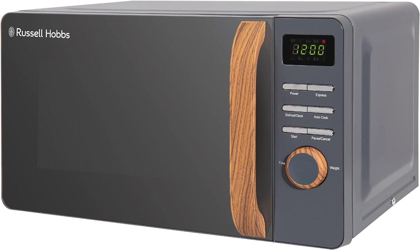 Russell Hobbs RHMM713G 17 L 700 W Scandi Compact Grey Manual Microwave with 5 Power Levels, Wood Effect Handle & Dials, Timer, Defrost Setting, Easy Clean