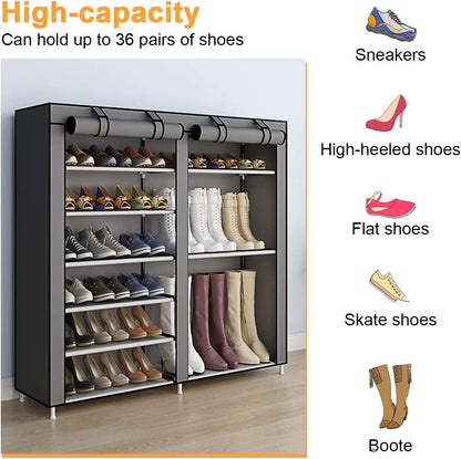 Cestbella Fabric Shoes Rack Cabinet Closet Shoe Storage Organizer with Cover Dustproof Grey 7 Layers 12 Lattices Double Row Shoe Rack for Bedroom Living Room Hallway Holds 36 Pairs Shoe 118x30x108cm