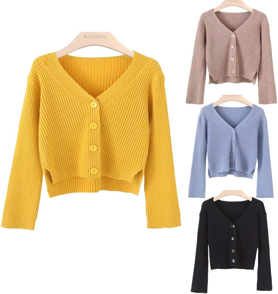 Fankle Sale Women's Button Down V Neck Long Sleeve Cropped Soft Sweater Knit Cardigan Coat