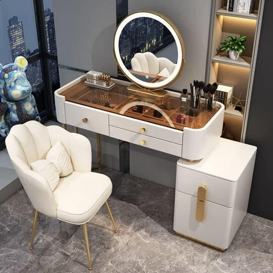 Modern Solid Wood Dressing Table, Bedroom Makeup Dressing Vanity Table, with Smart Mirror, 3 Lighting Modes, 5 Drawers, Divided into Sections for storing Cosmetics, and Chair. Perfect for Bedroom.