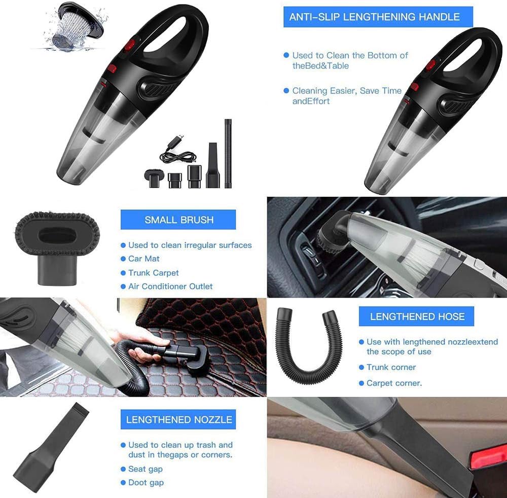 IDEA-TECH Car Vacuum Cleaner, 3.2KPa Strong Cyclone Suction, 12V 120W Rechargeable, for Pet Hair Car Home Cleaning, Black, 355*105*125mm/13.97*4.13*0.16in, BW0002