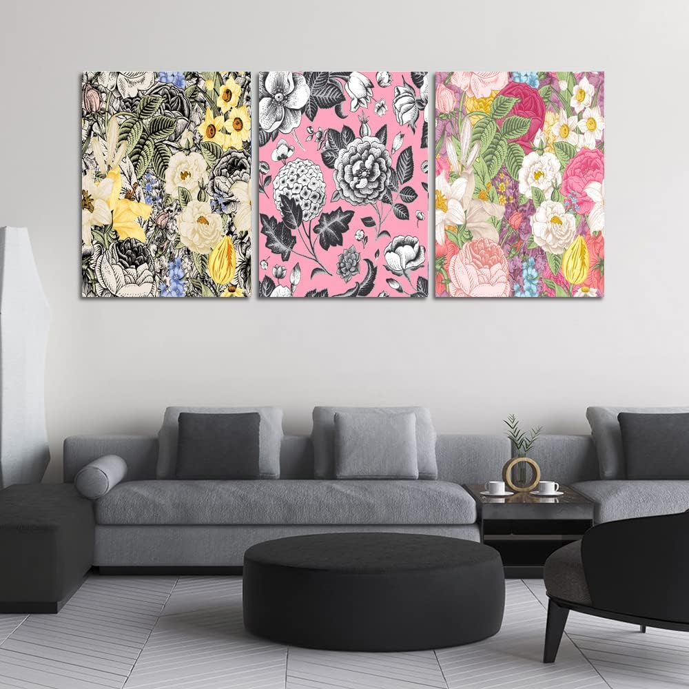 UNBRUVO Modern Flower Canvas Poster Prints Abstract Floral Wall Art Painting Pictures Office Home Decor 3 Pieces Framed Art Print Decoration Artwork for Living Room Bedroom(36”Wx16”H)