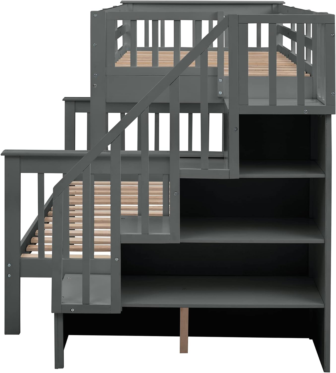 Goohome Twin-Over-Full Bunk Bed with 3 Storage Stairs, Sturdy Solid Wood Trundle Bunk Bed Frame w/Guardrails and Ladder, Built-in Slats, for Adults Kids Teens, No Noise, No Box Spring Needed