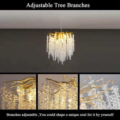 Puvaue Modern Crystal Tree Branches Chandeliers Gold Luxury Round Raindrop Pendant Light Fixture 9 Light Tassel Ceiling Hanging Light for Dining Room Bedroom Living Room Entryway 23.7"