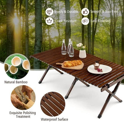 AUTOYSUR Folding Wooden Camping Table Portable Picnic Table w/Carry Bag Roll-up Bamboo Tabletop Outdoor Travel Camping Table (Coffee)