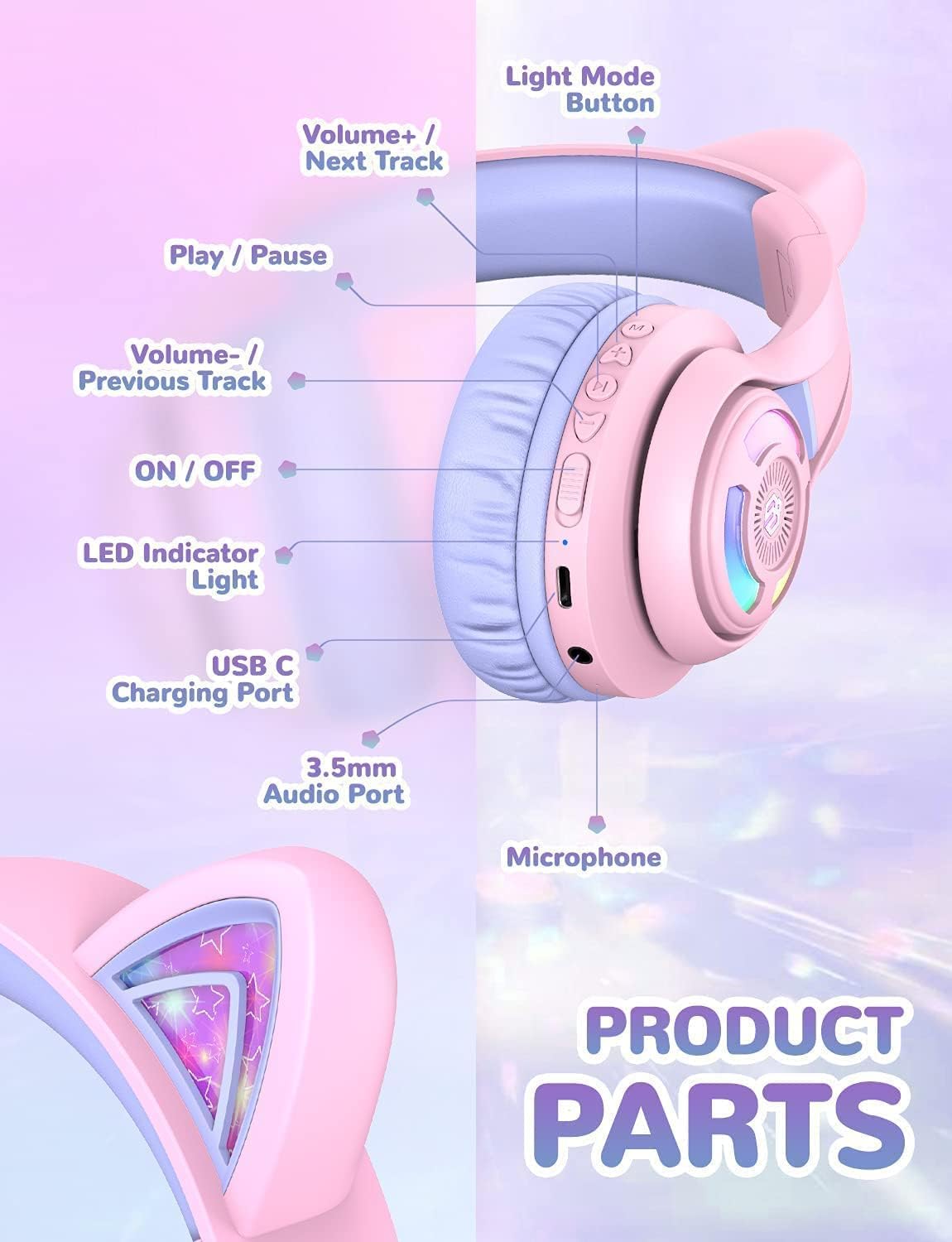 iClever BTH13 Bluetooth Headphones, Cat Ear LED Light Up Wireless Kids Headphones with Volume Limited (74/85/94dB), 45H Playtime, Children Headphones with MIC Over Ear for School/Tablet/PC, Purple