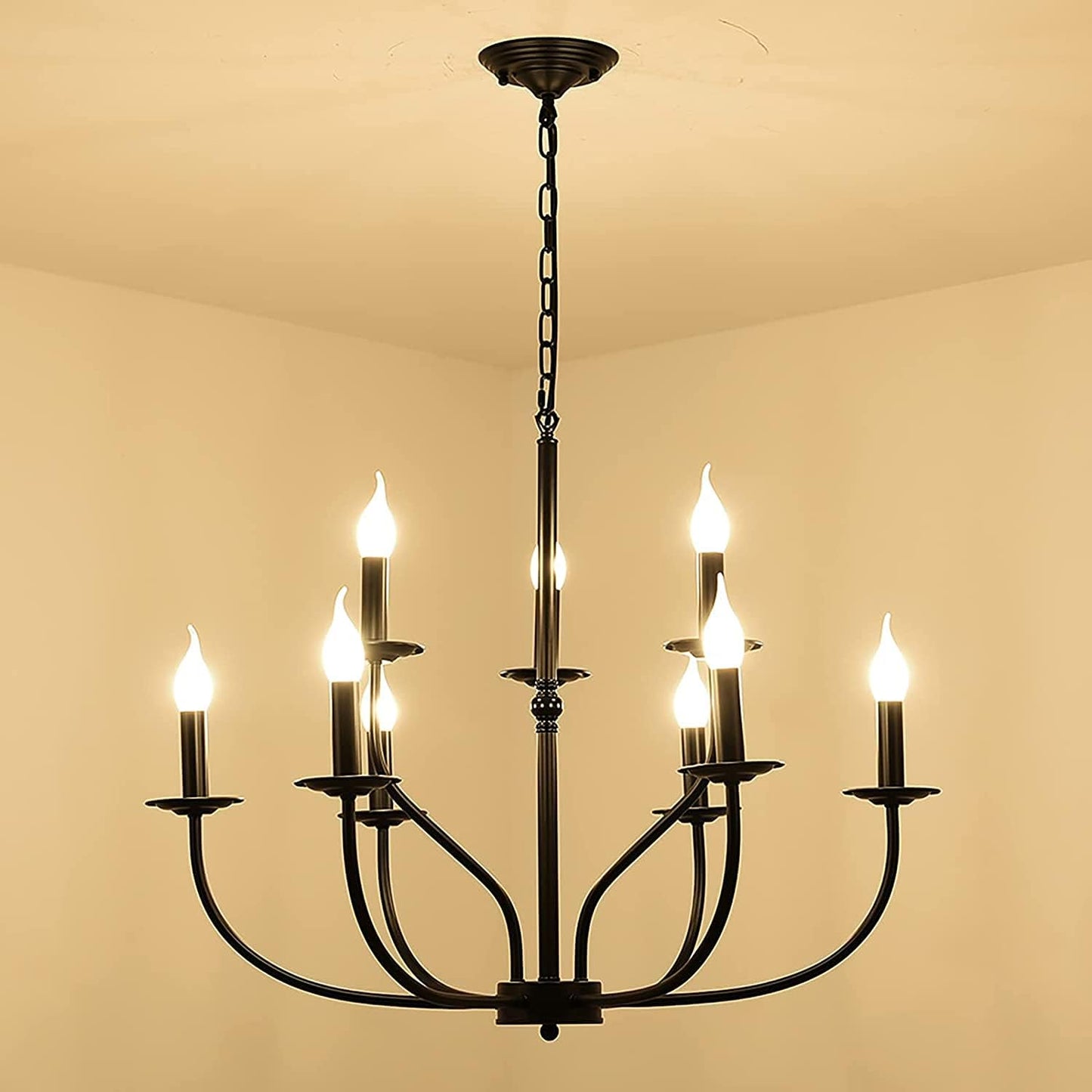 Ganeed Famhouse Chandelier 9-Light Black Classic Candle Pendant Light Fixture Hanging Light Vintage Ceiling Chandelier for Dining Room,Kitchen,Bedroom,Foyer,Living Room