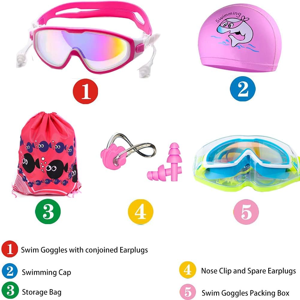 Swim Goggles Kids Set for Boys Girls (3-14),[Wide View Clear Vision Lenses],Swimming Goggles Leak proof Anti Fog UV Protection Soft Silicone Frame Adjustable Strap with earplugs