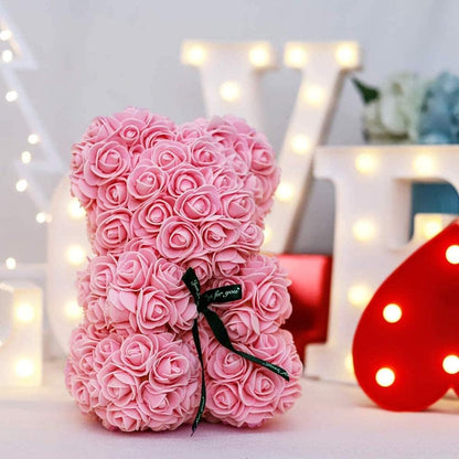 Rose Bear, Hand Made Rose Teddy Bear Flowers, Rose Bear with Lights, Best Gift for Valentines Day, Anniversary, Mothers Day, Birthdays, Including Transparent Gift Box and Love Card (Pink)