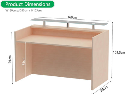 Mahmayi R06 Modern Reception Counter Desk with Floating Glass Top, Storage Feature Front Office Desk, Lockable 3 Storage Section, 160cm (Oak)