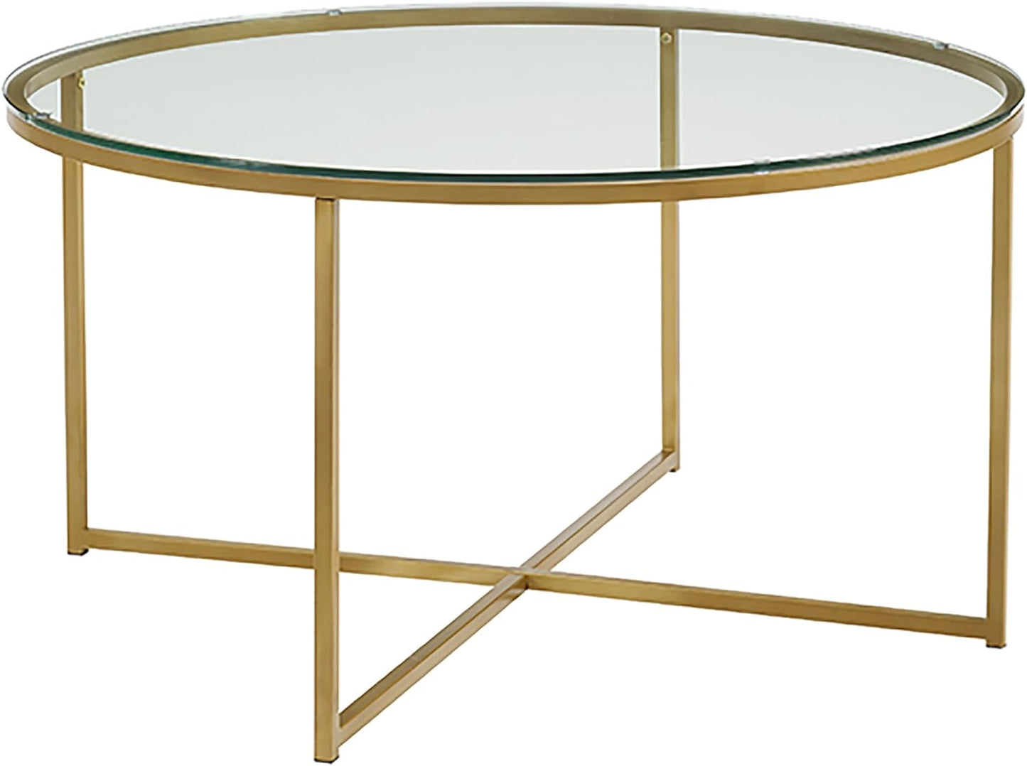 Eden Bridge Designs 91cm Round Mid Century Modern Coffee Table with X-Base for Living Room/Office decoration, Metal, Glass/Gold/Faux Marble