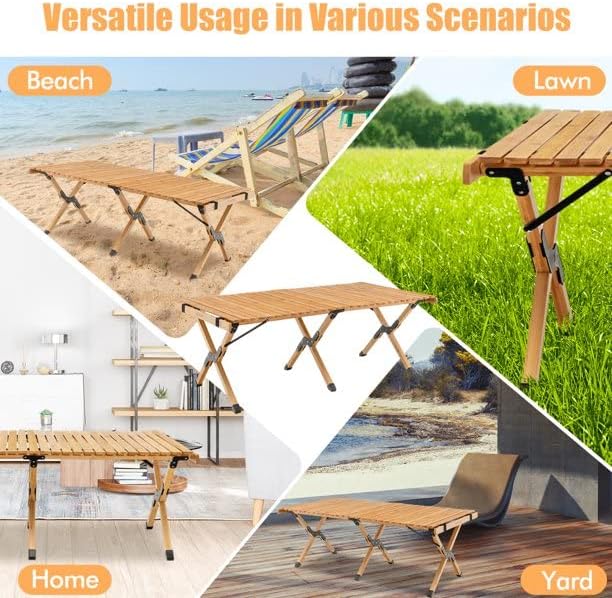 AUTOYSUR Folding Wooden Camping Table Portable Picnic Table w/Carry Bag Roll-up Bamboo Tabletop Outdoor Travel Camping Table (Coffee)